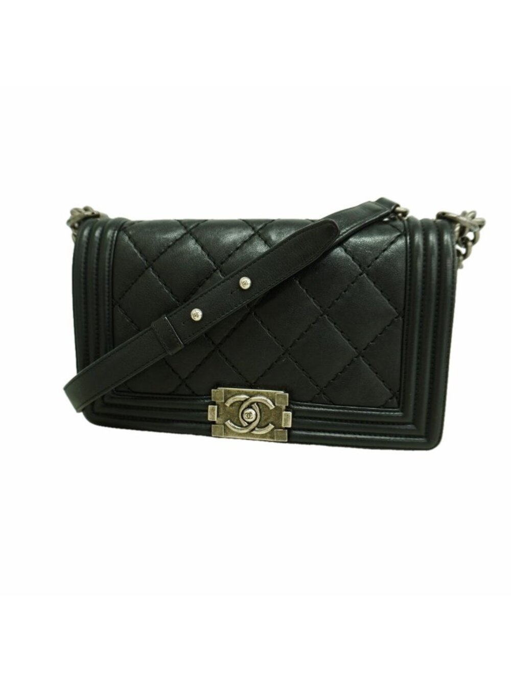 Chanel Shoulder Bag Boy Wild Stitch Leather Black Silver